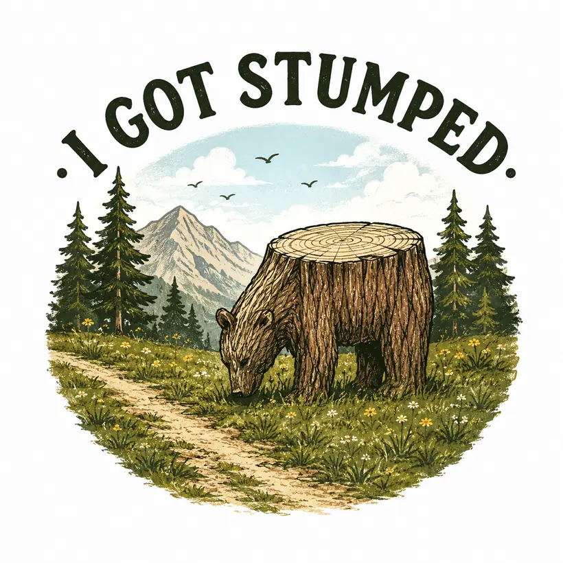 A grazing bear made of bark and wood grain in a mountain meadow