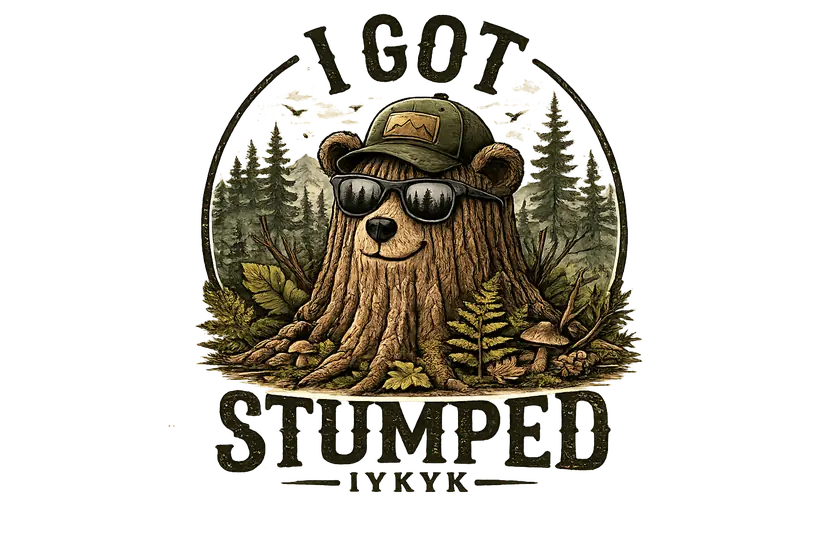 A stump shaped like a bear wearing a ball cap and sunglasses