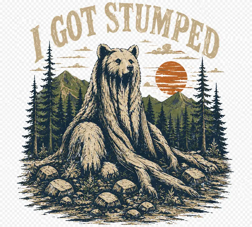 A grizzly formed from tree roots against a rust-colored sun