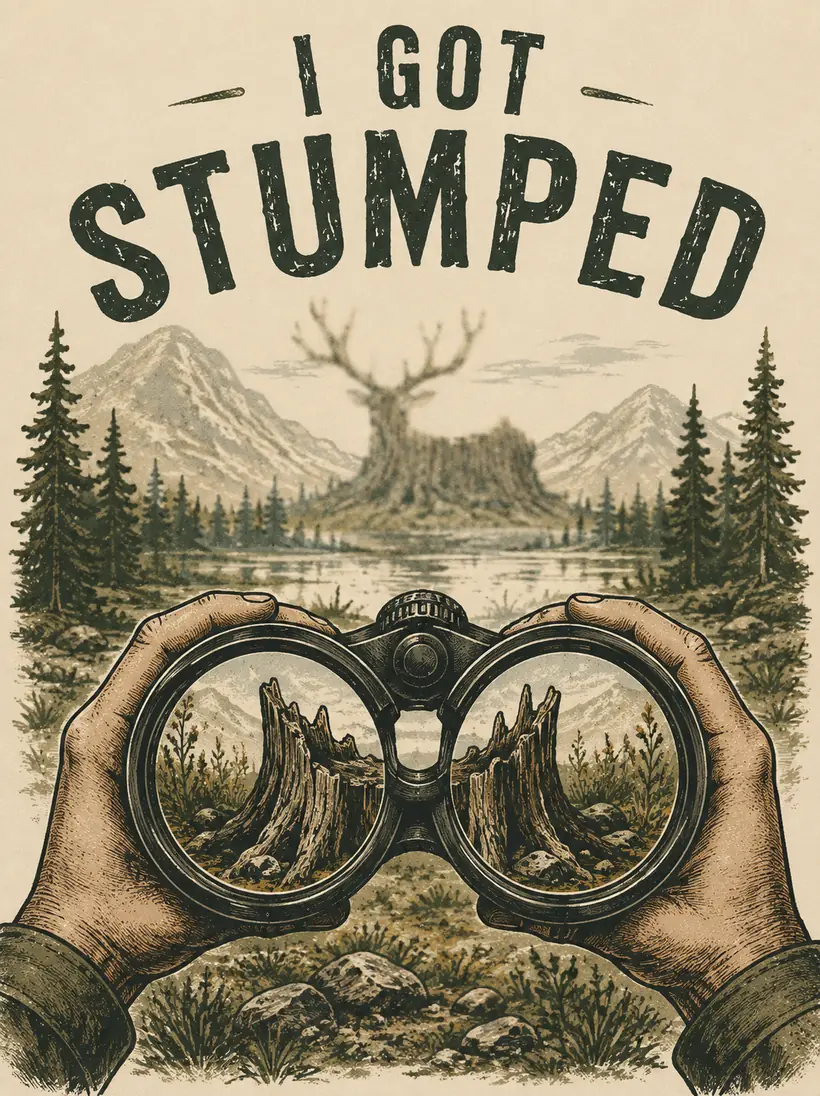 Hands holding binoculars, a stump with antler-like branches beyond